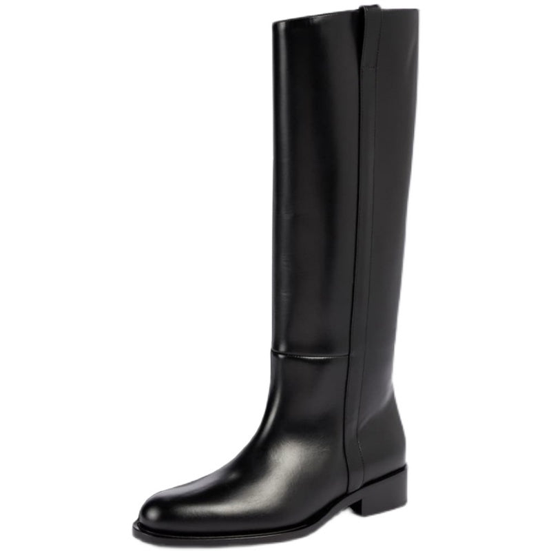 Women's Large Size Black Leather Low Heel High Boots