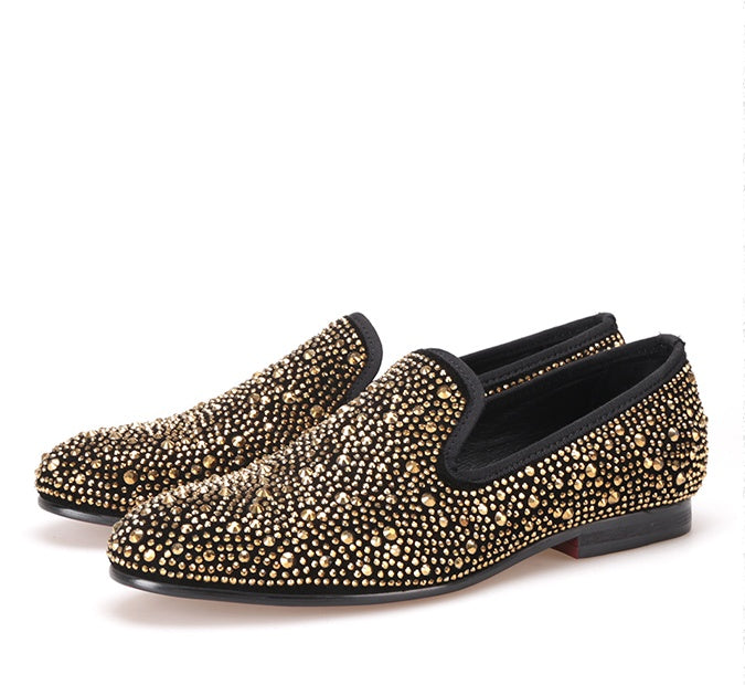 Men's Black Abrasive Leather Golden Diamond Casual Shoes