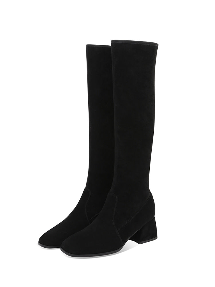 Korean Style Stretch Knee High Boots with Mid Heel