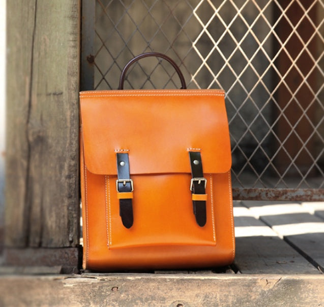 Durable First Layer Cowhide Leather School Bag - Square