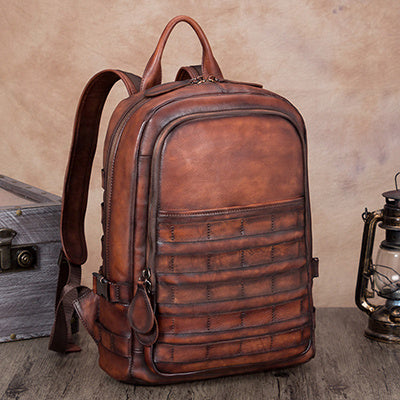 Vintage Cowhide Leather Men's Backpack, Zippered Pockets
