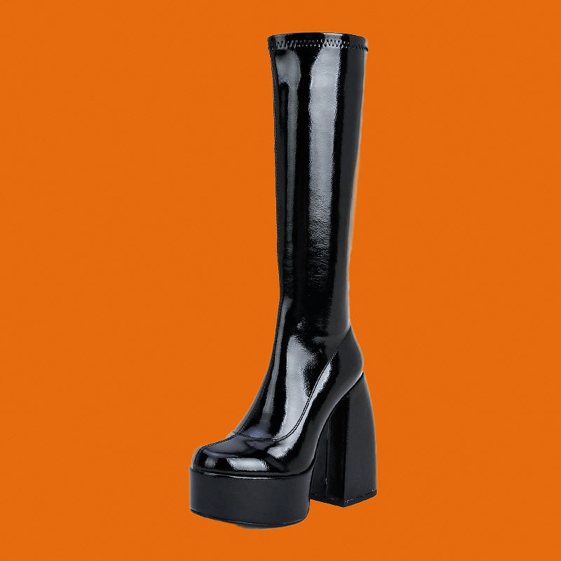 Chunky Heel Over-the-Knee Platform Stretch Fringe Boots