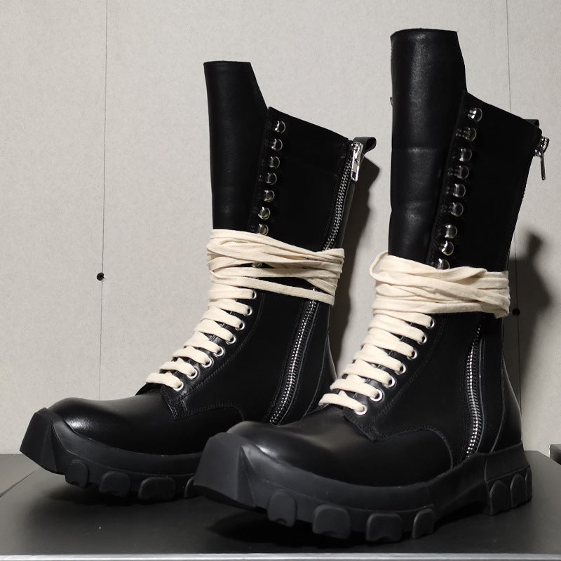 Men's Knight Boots Cowhide Double Zipper Black