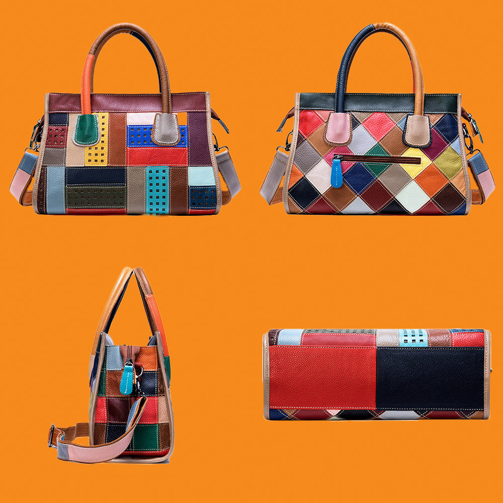 Four patchwork handbags on an orange background