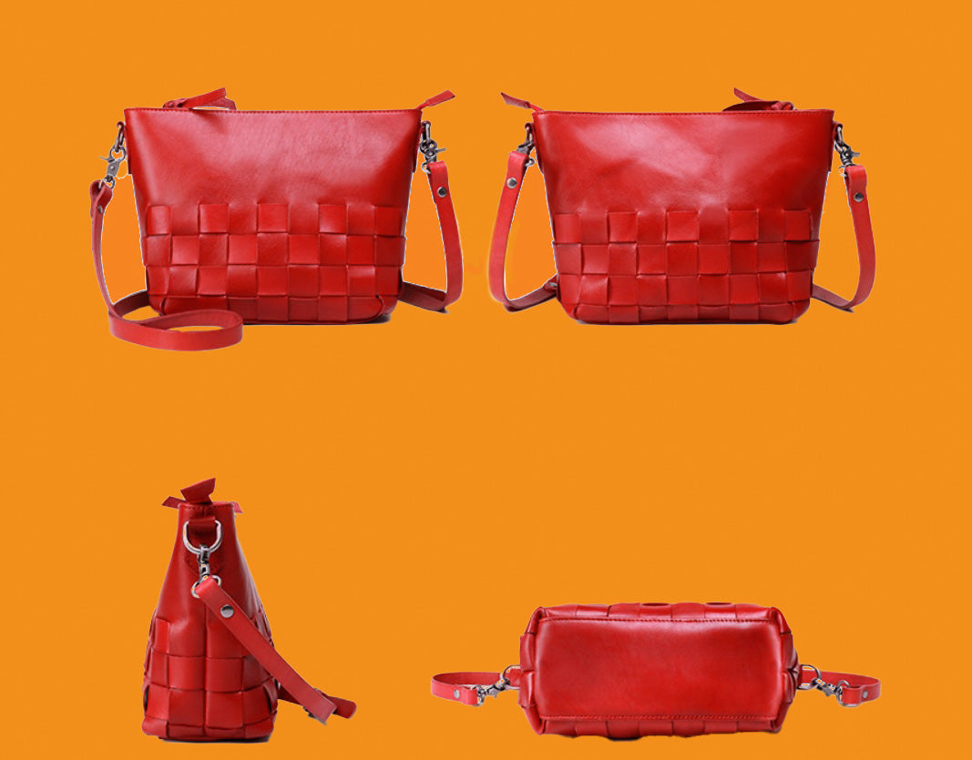 Red woven handbag on an orange background