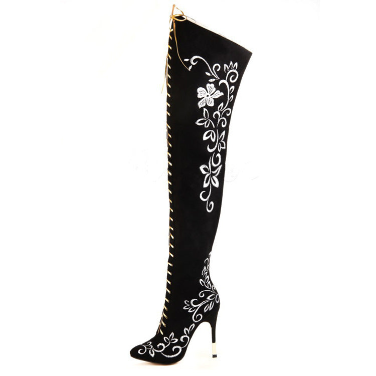 Elegant Embroidered Over-the-Knee Stiletto Boots