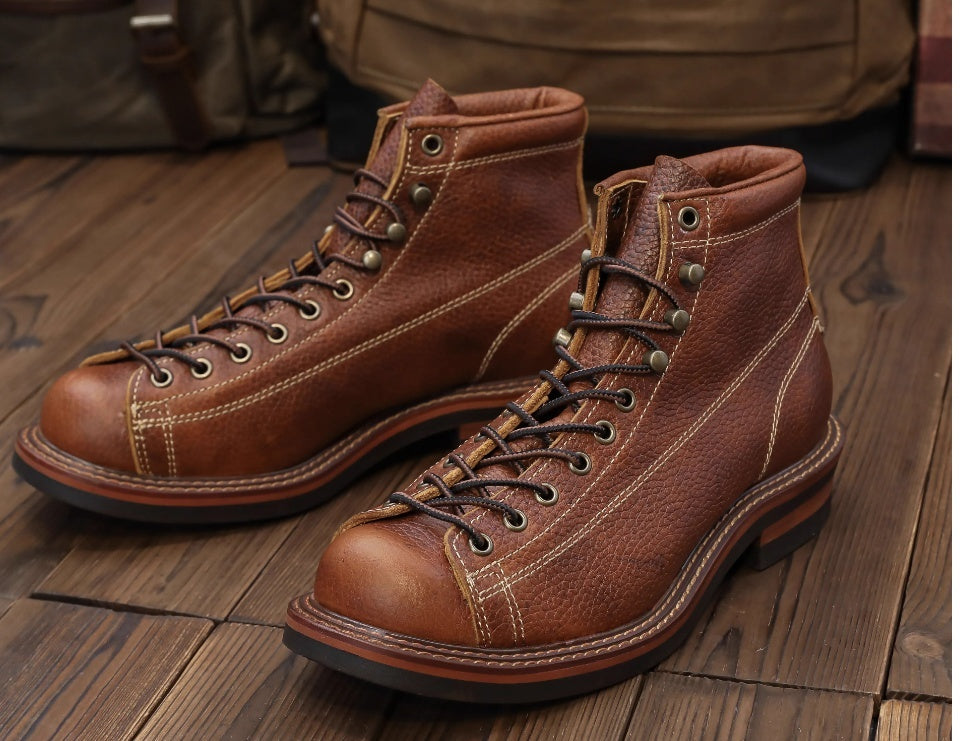 Retro Color Block Cowhide High-top Ankle Boots