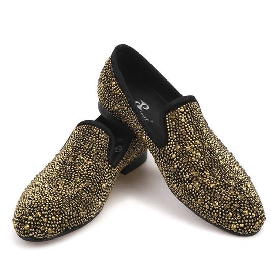 Men's Black Abrasive Leather Golden Diamond Casual Shoes