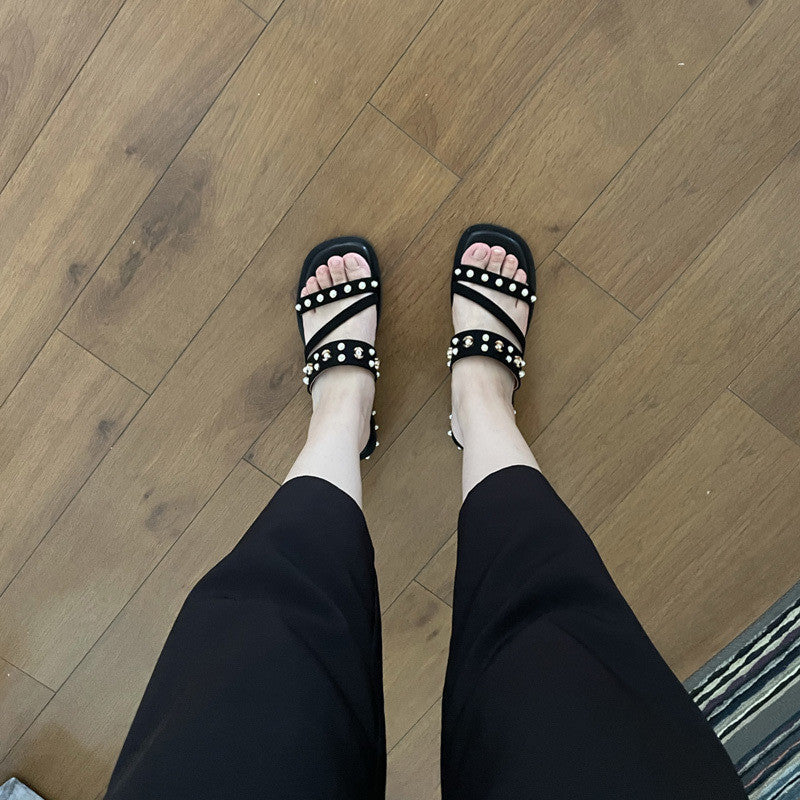 Black Flat Orange Roman Holiday Style Women's Sandals