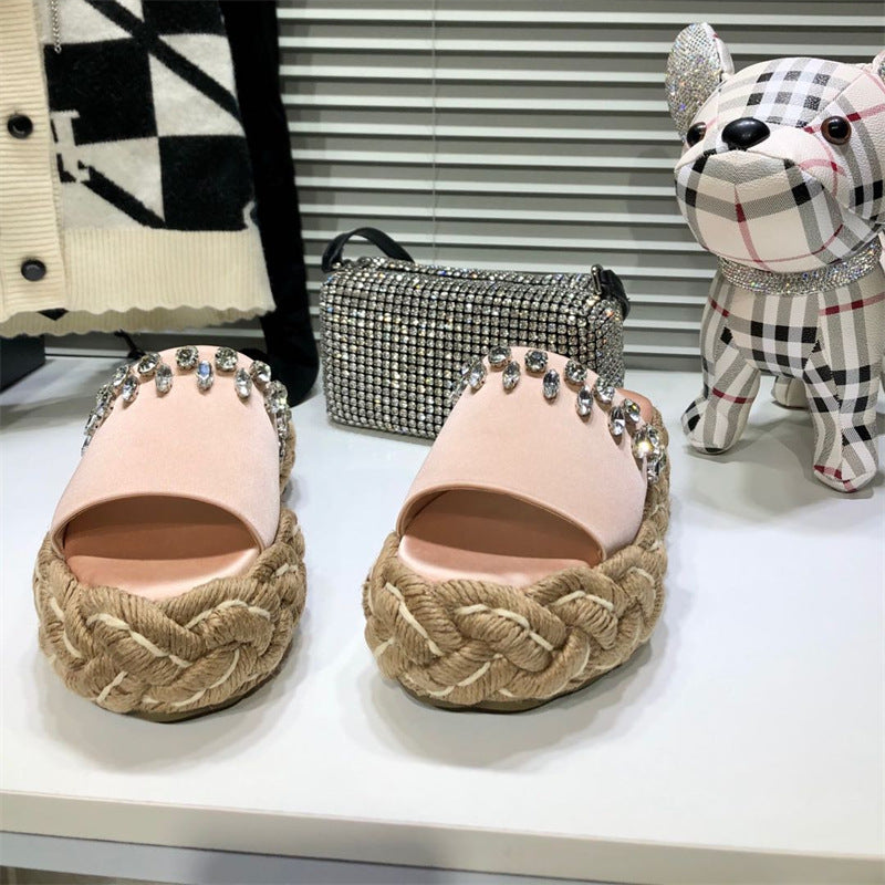 Women's Rhinestone Hemp Rope Straw Woven Thick Sole Slippers