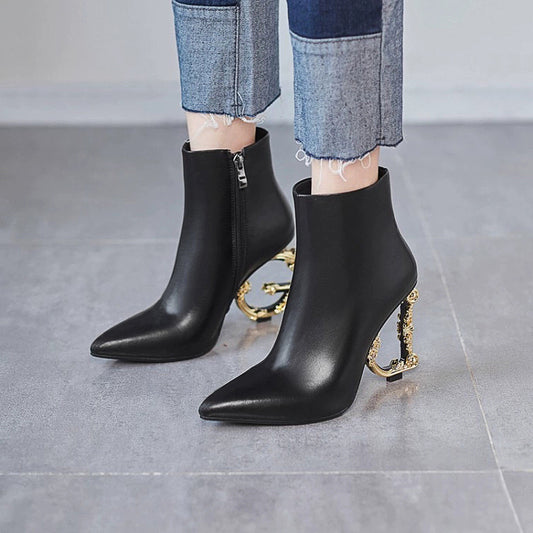 Women's Cowhide Sheepskin Pointed Toe High Heel Boots