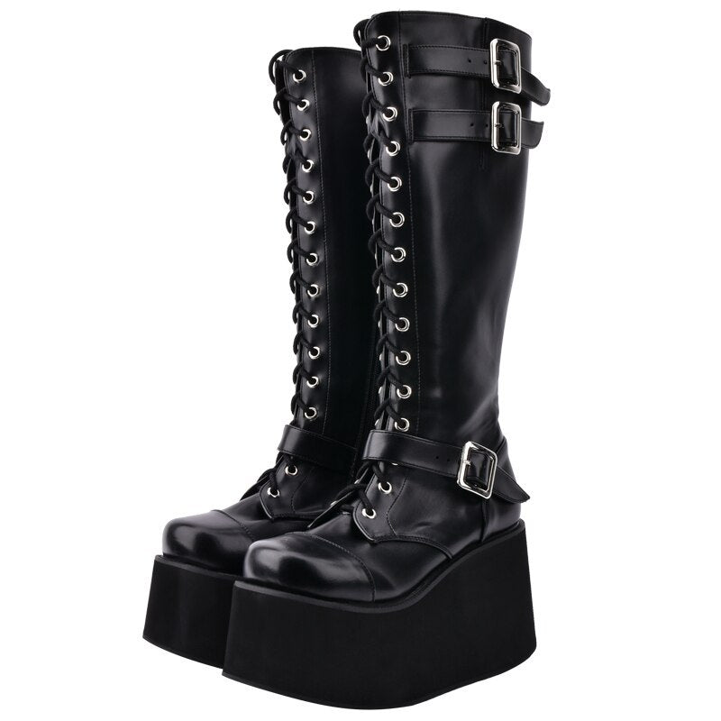 Punk High Tube Muffin Heel Lace-Up Zipper Boots