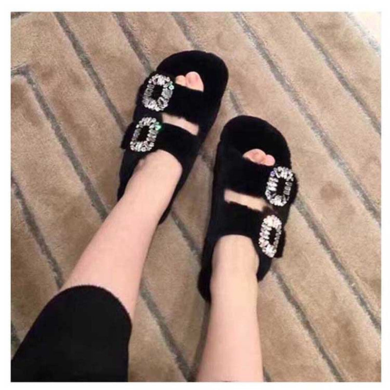 Women's Fashion Leather Rhinestone Square Buckle Flat Sandals