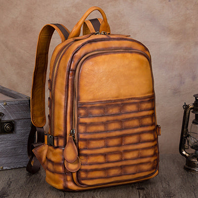 Vintage Cowhide Leather Men's Backpack, Zippered Pockets