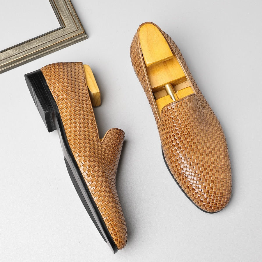 Men’s Cowhide Woven Slip-On Business Leather Shoes
