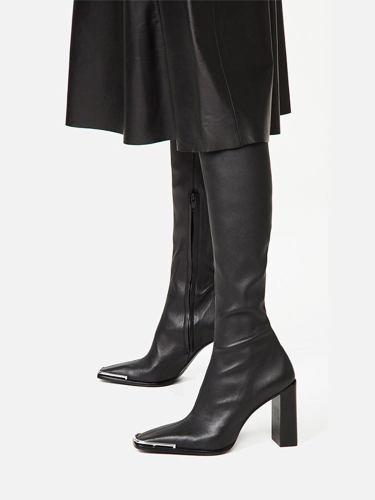 Chunky Heel Leather Slim Over-the-Knee Boots