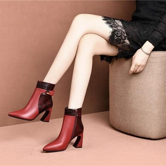 Women’s Pointed Leather Martin Boots Thick Heel