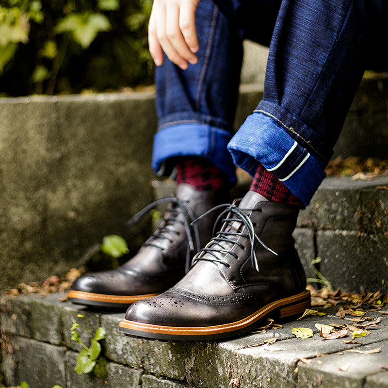 Men's Casual Cowhide Leather Round Toe Martin Boots
