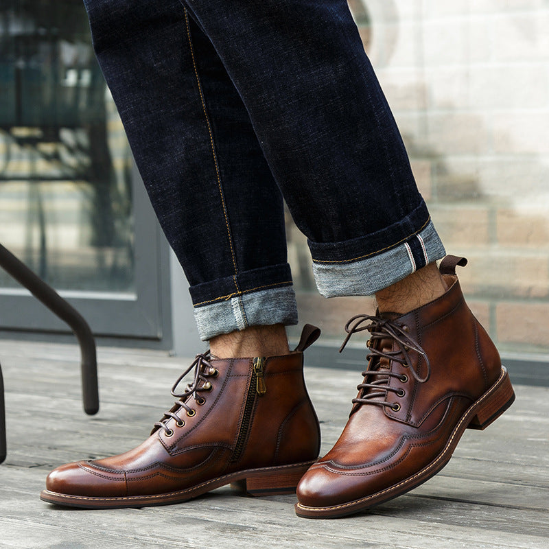 Top Layer Cowhide Martin Boots | Round Toe, Light Coffee