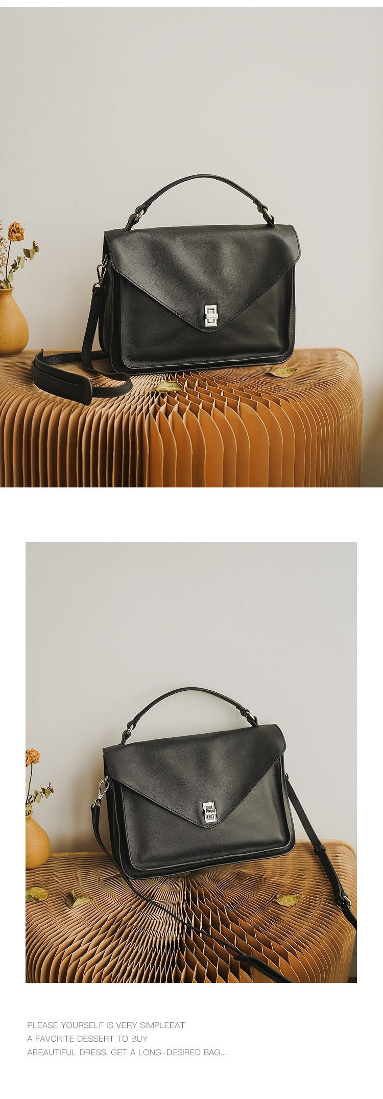 Genuine Soft Cowhide Leather Messenger Bag, Black/Yellow