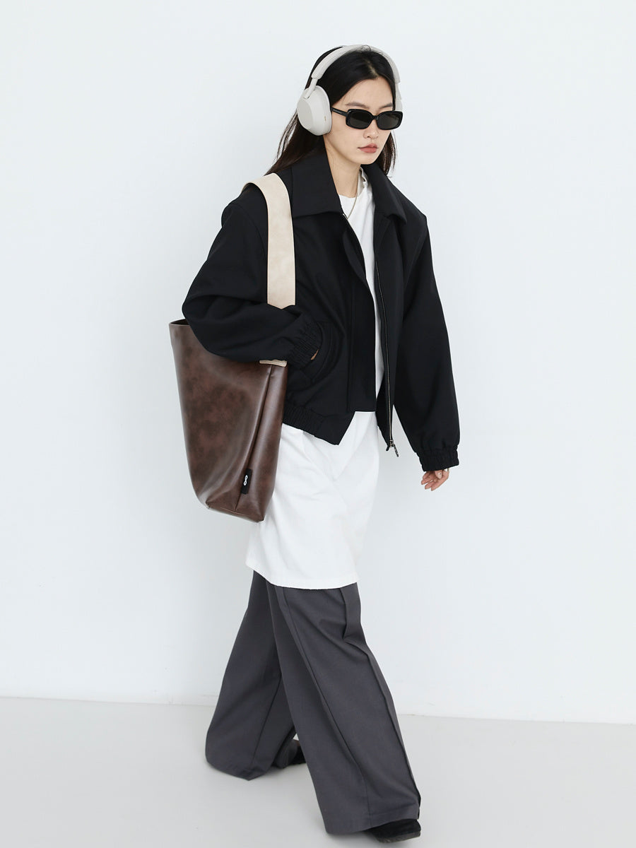 2-Color Wide Strap PU Leather Large Tote Bag