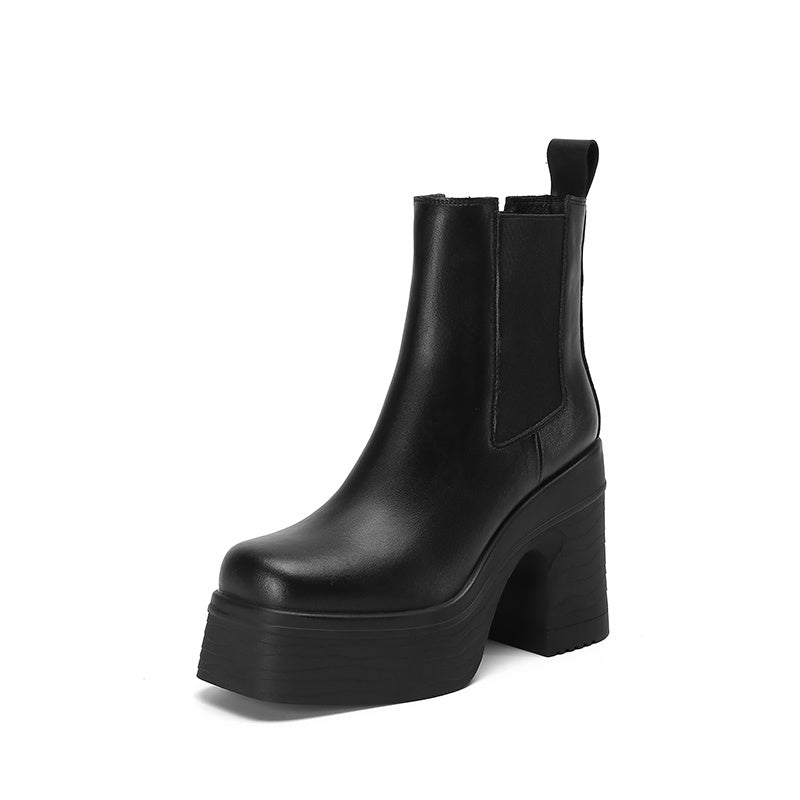 Square Toe Chunky Heel Platform Ankle Boots - Apricot/Black