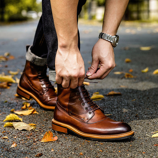 British Men's Retro Martin Boots | Cowhide Leather Brown