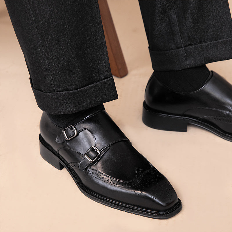 British Leisure Leather Shoes, Square Toe, Buckle