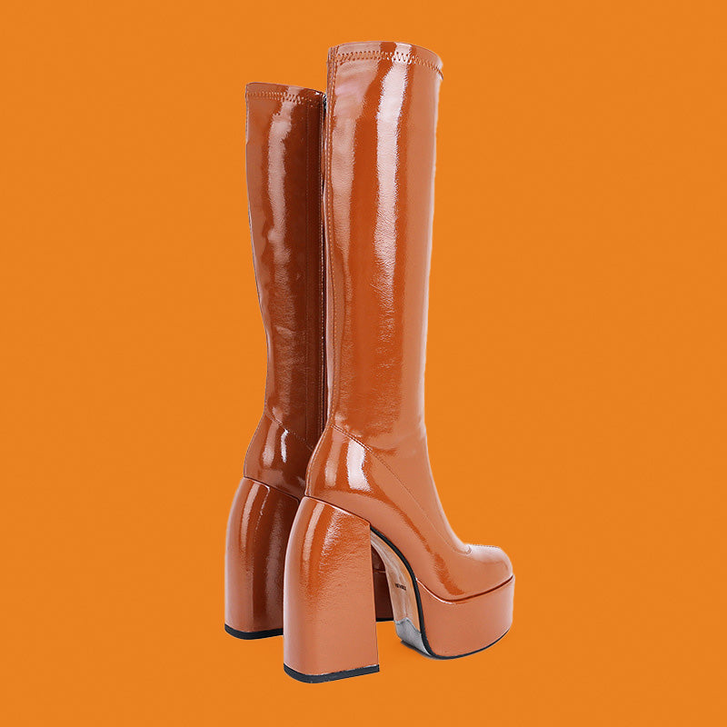Chunky Heel Over-the-Knee Platform Stretch Fringe Boots