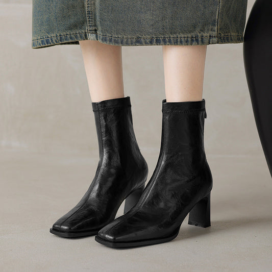 Vintage Women's Square Toe Elastic Ankle Boots