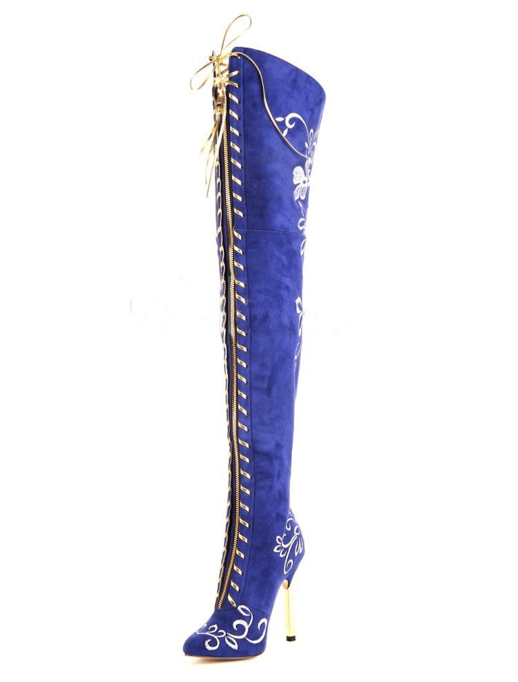 Elegant Embroidered Over-the-Knee Stiletto Boots