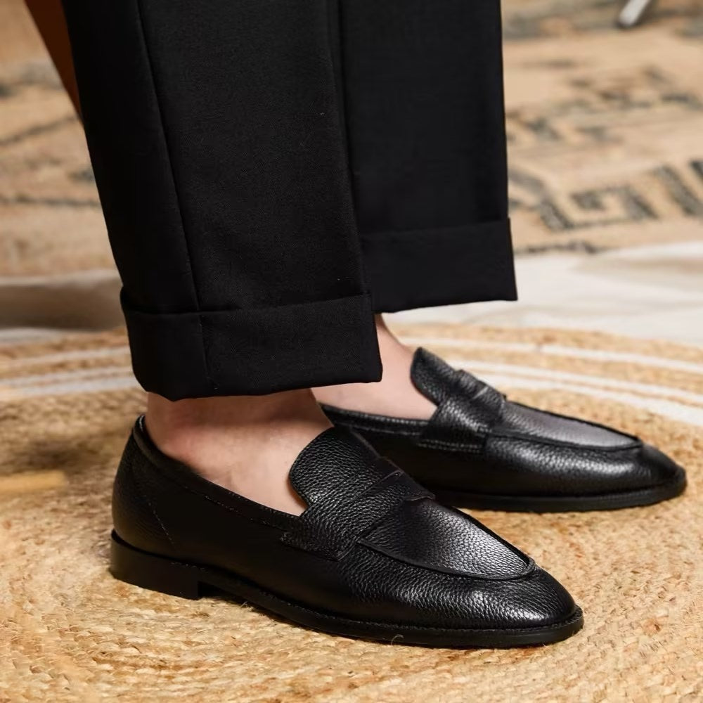 British Vintage Litchi Grain Cowhide Men’s Loafers Black