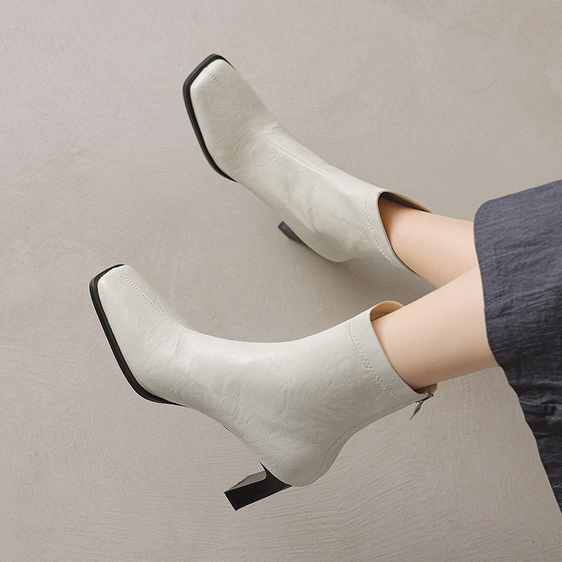 Vintage Women's Square Toe Elastic Ankle Boots