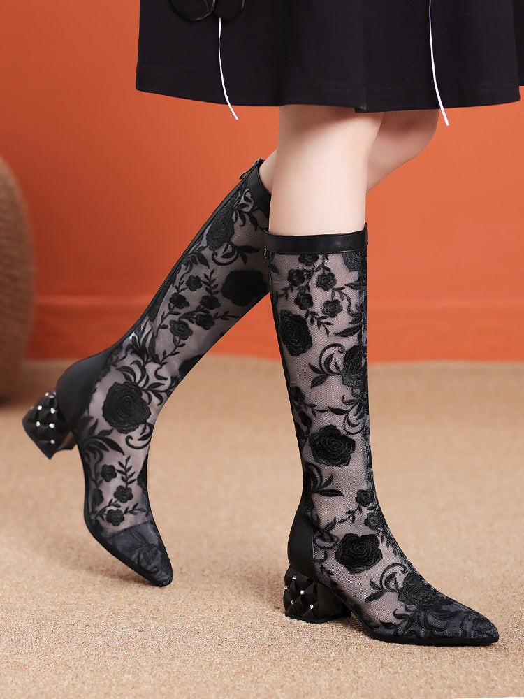 Leather Floral Embroidered Thick Heel Sandals