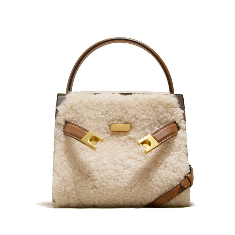 Large Lamb Wool Cowhide Leather Plush Bag, Autumn
