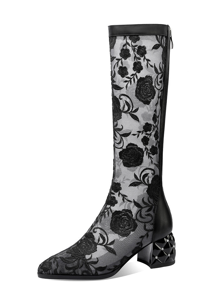 Leather Floral Embroidered Thick Heel Sandals