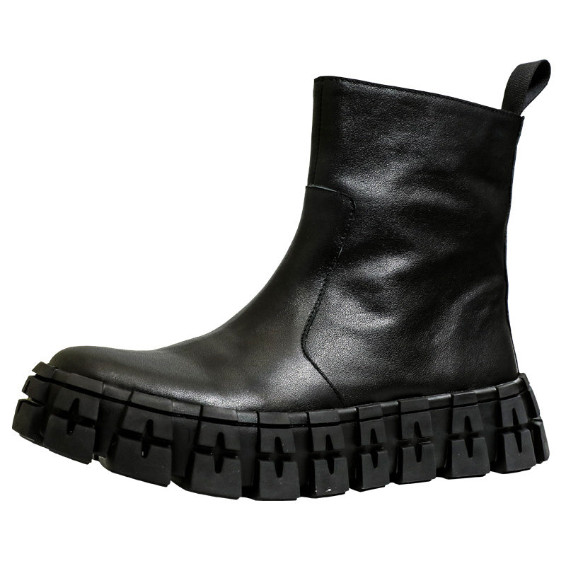 Men's Thick Sole Mid-Top Cowhide Motorcycle Boots