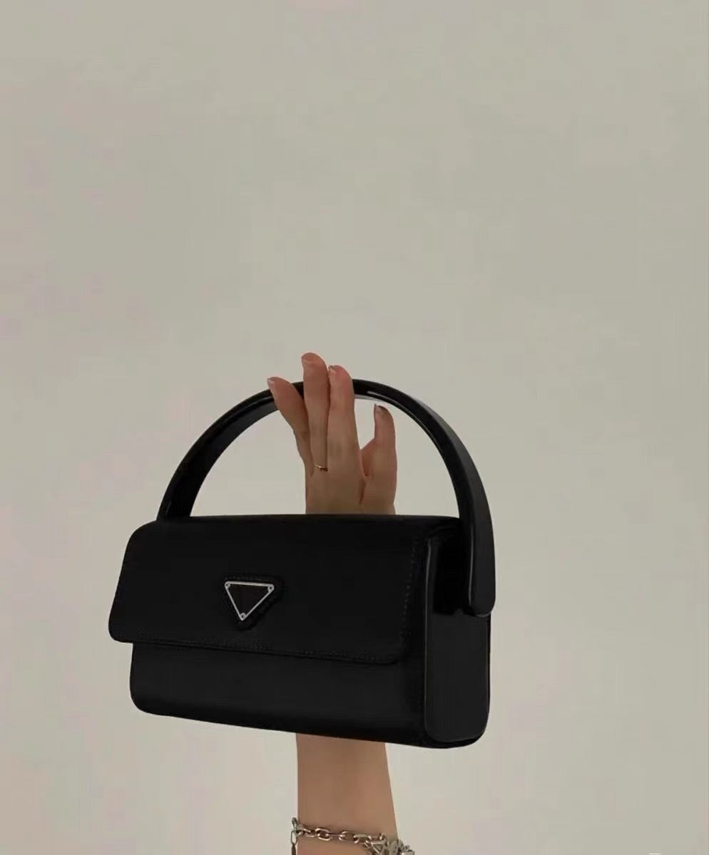 Versatile Dark Black PU Nylon Square Handbag