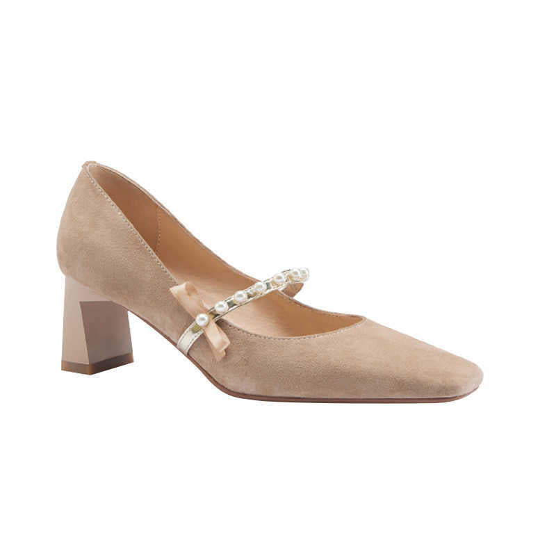 Leather Bowknot Beaded Slip-on High Heels, Retro Style