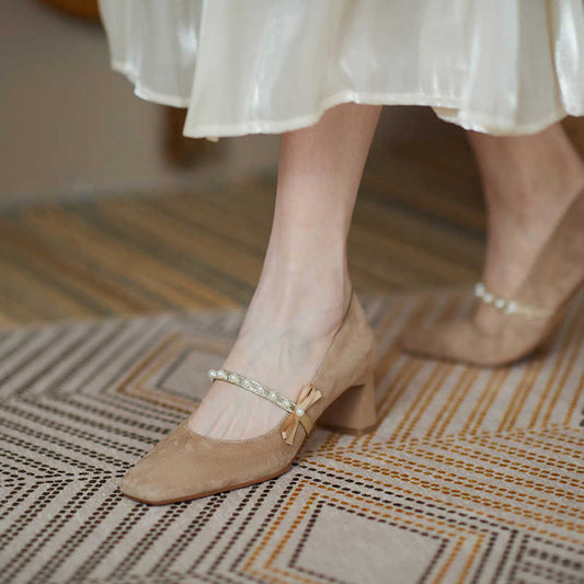 Leather Bowknot Beaded Slip-on High Heels, Retro Style
