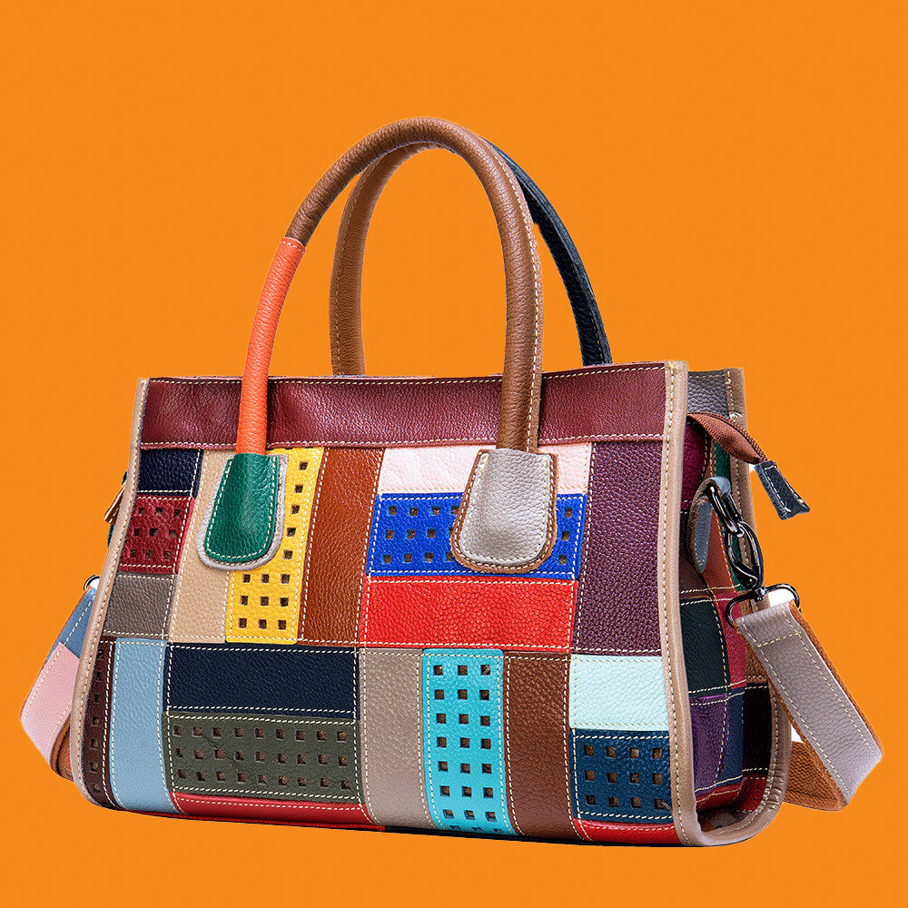 Multicolored patchwork handbag on an orange background