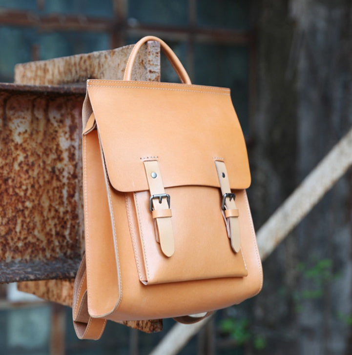 Durable First Layer Cowhide Leather School Bag - Square