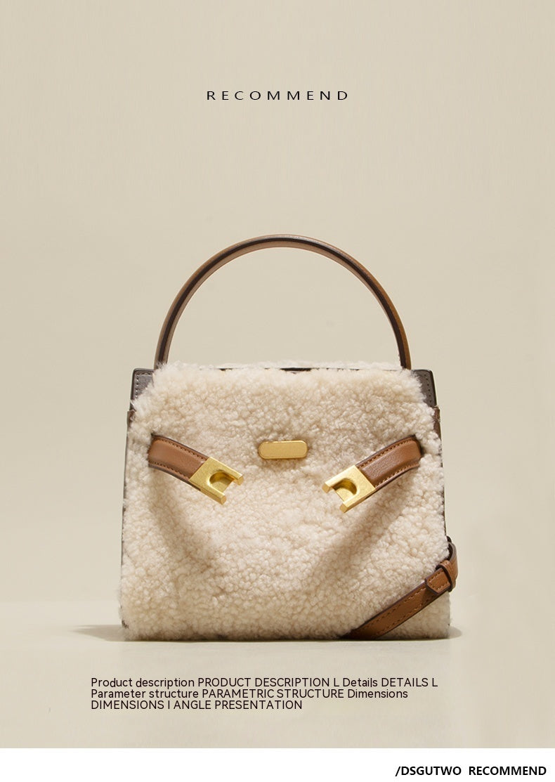 Large Lamb Wool Cowhide Leather Plush Bag, Autumn