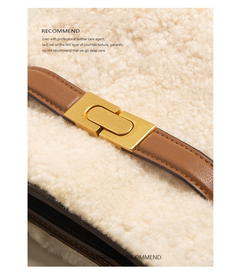 Large Lamb Wool Cowhide Leather Plush Bag, Autumn