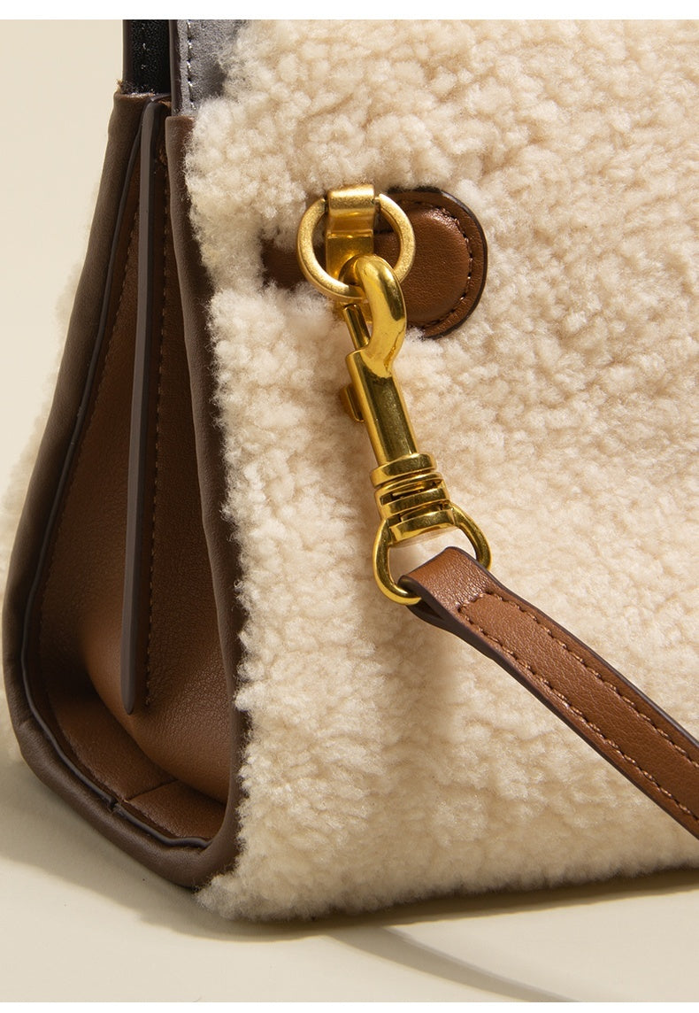 Large Lamb Wool Cowhide Leather Plush Bag, Autumn