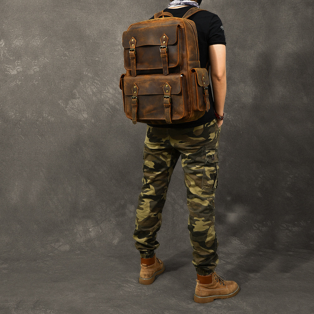 Vintage Crazy Horse Leather Backpack, 45x33x14cm