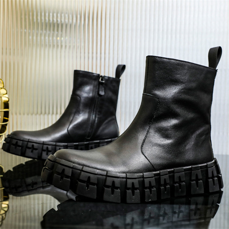 Men's Thick Sole Mid-Top Cowhide Motorcycle Boots