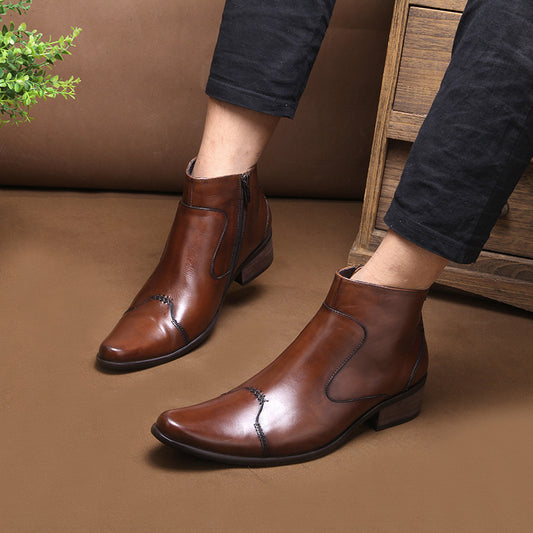 Korean Style Men’s Leather Martin Boots, Side Zipper