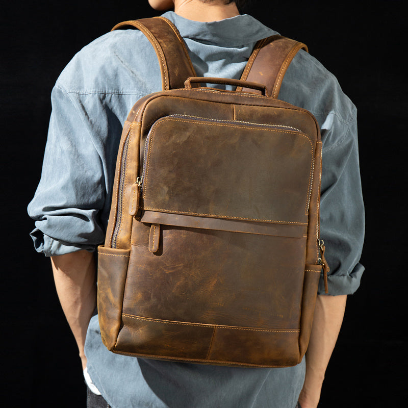 Retro Cowhide Leather Business Backpack, Zipper Closure