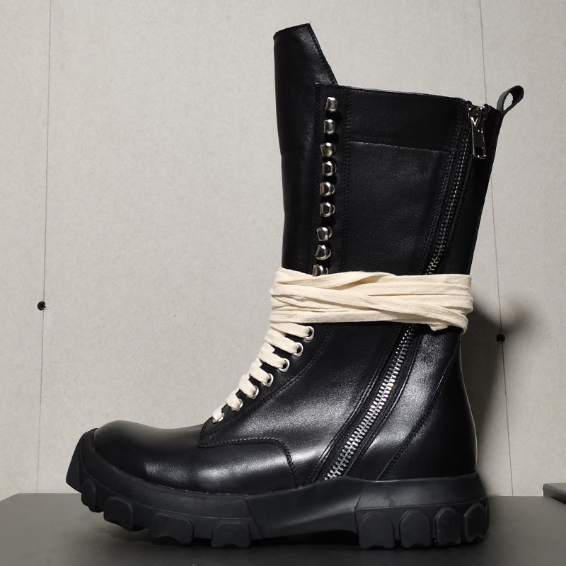 Men's Knight Boots Cowhide Double Zipper Black